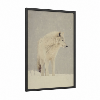 Snowy Wolf Portrait framed art print — black wood frame — white and gray palette