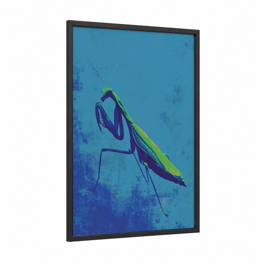 Neon Mantis framed prayin mantis print — black wood frame — lime green and blue palette