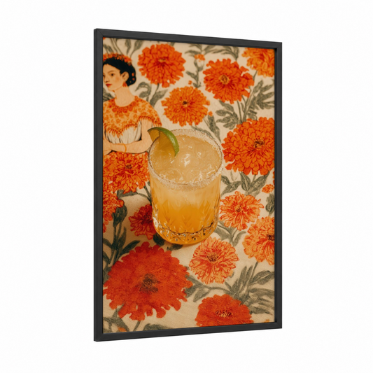 Citrus Cocktail Hour framed art print — black wood frame — orange and cream palette