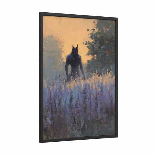 Lavender Field Werewolf framed art print — black wood frame — gold and purple palette