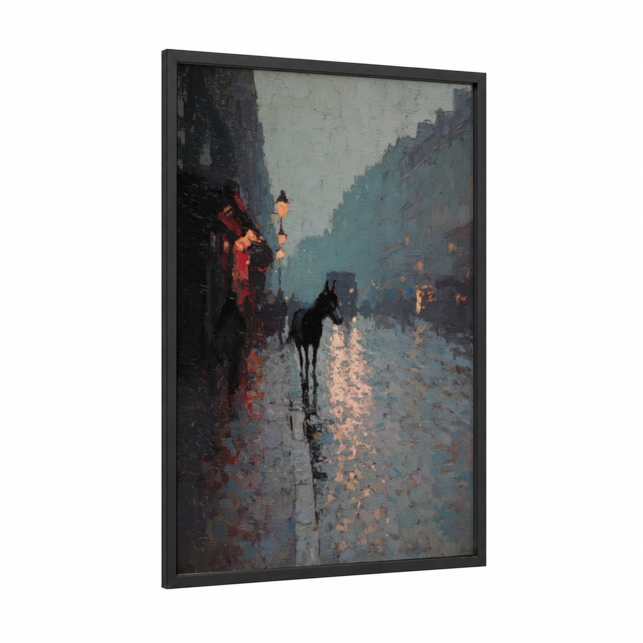 Rainy Street Mule framed art print — black wood frame — blue and gold and gray and pink palette