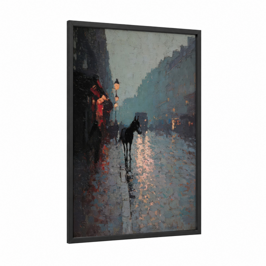 Rainy Street Mule framed art print — black wood frame — blue and gold and gray and pink palette