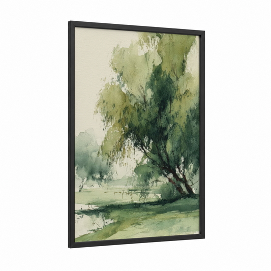 Weeping Willow Serenity framed willow forest print — black wood frame — light green and cream palette