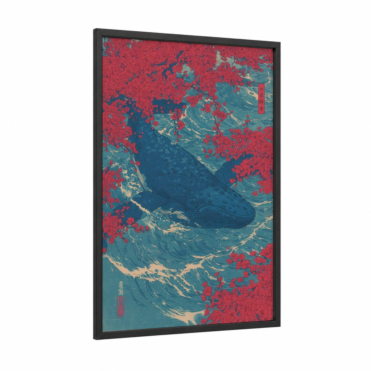 Crimson Whale Dance framed blue whale print — black wood frame — red and teal palette