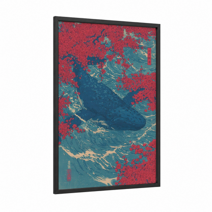 Crimson Whale Dance framed blue whale print — black wood frame — red and teal palette