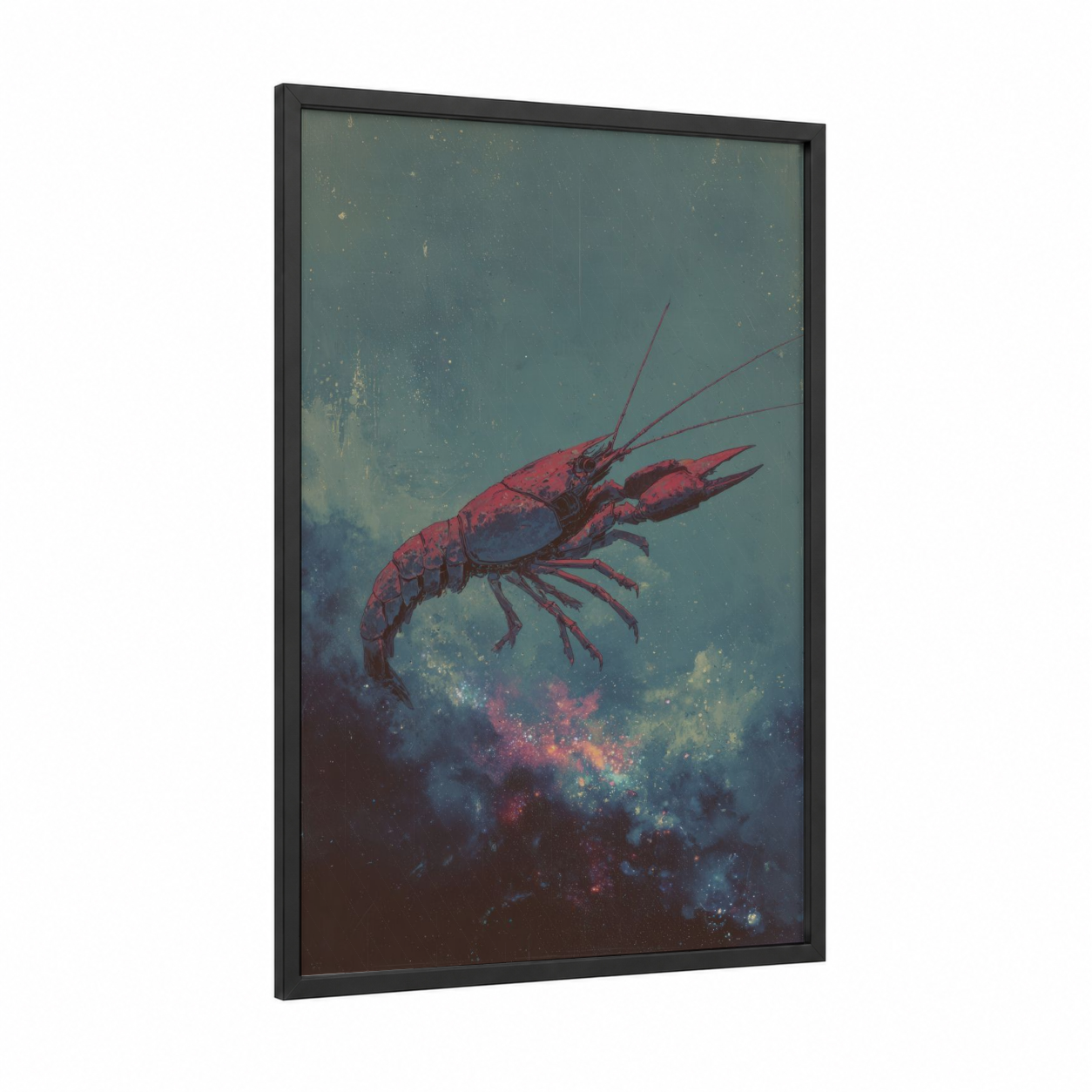Cosmic Crayfish framed art print — black wood frame — maroon and teal palette