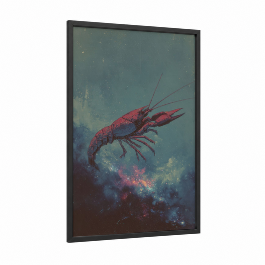 Cosmic Crayfish framed art print — black wood frame — maroon and teal palette