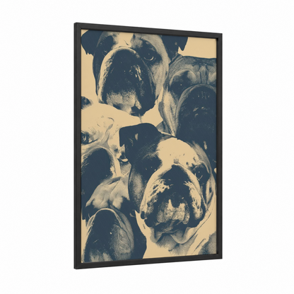 Bulldog Pack Portrait framed art print — black wood frame — black and white and cream palette