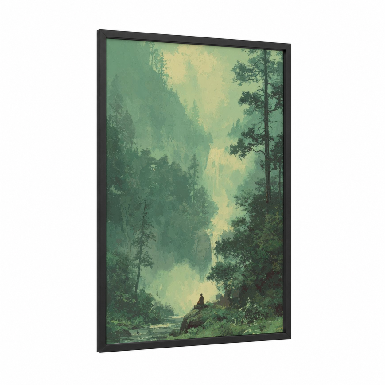 Meditative Forest Journey framed islam print — black wood frame — light green and gold palette