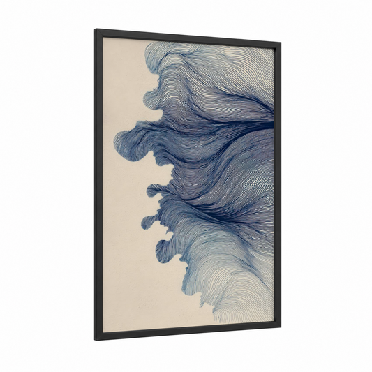 Flowing Lines Abstract framed abstract minimalist print — black wood frame — blue and cream palette