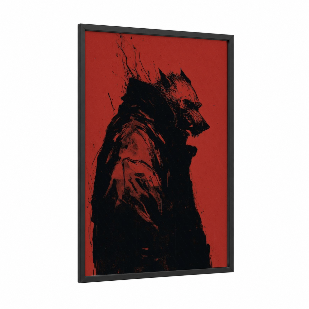 Crimson Werewolf framed art print — black wood frame — red and black palette