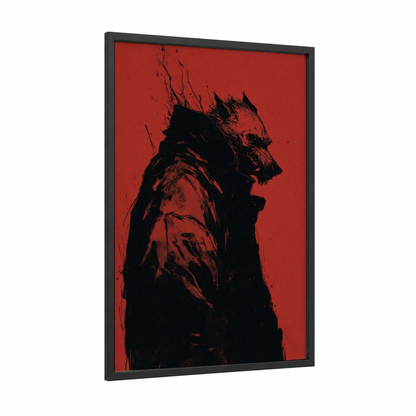 Crimson Werewolf framed art print — black wood frame — red and black palette
