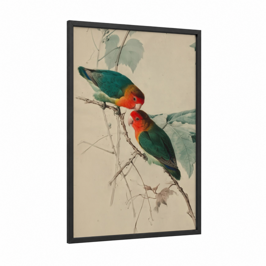 Scarlet Parrots Perched framed safari parrots print — black wood frame — red and teal palette