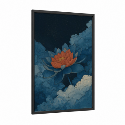 Celestial Lotus framed art print — black wood frame — dark blue and orange palette