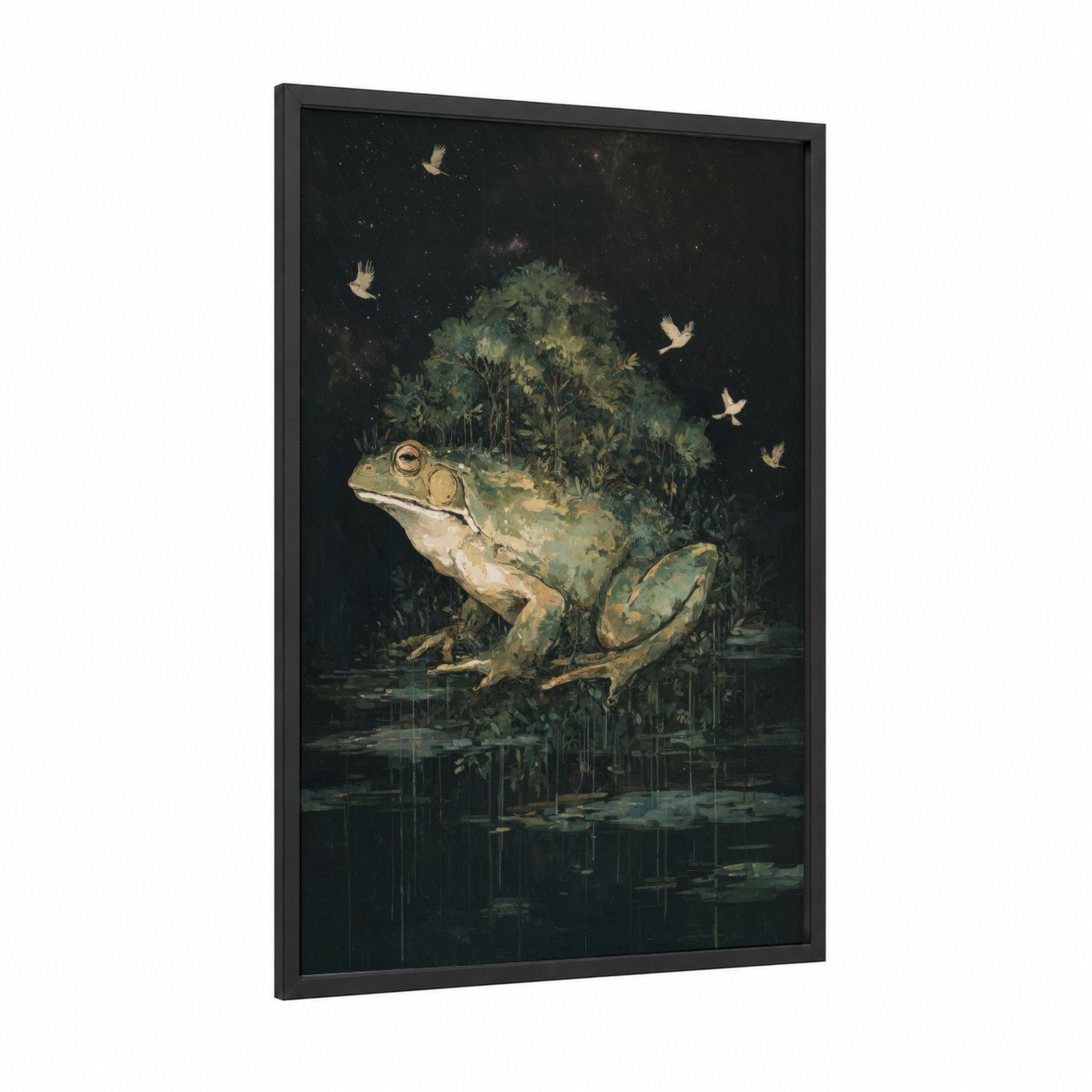 Forest Frog framed frogs and toads print — black wood frame — dark green and black palette