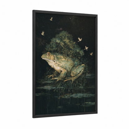 Forest Frog framed frogs and toads print — black wood frame — dark green and black palette