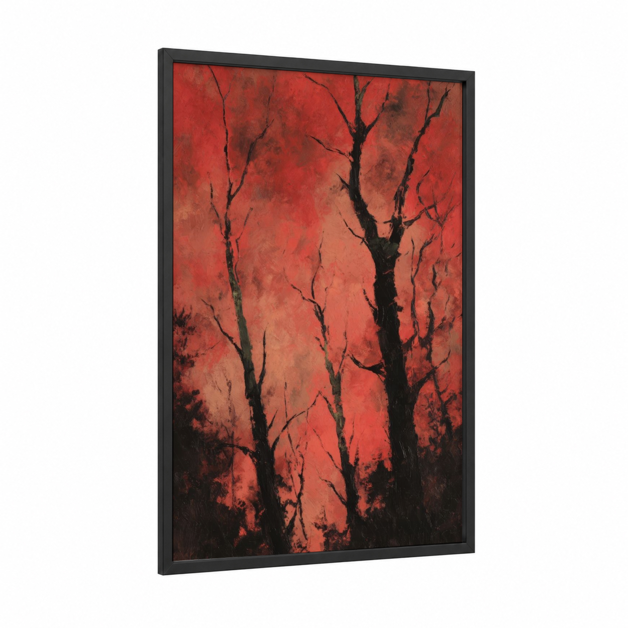 Crimson Birch Forest framed birch tree print — black wood frame — red and black and red palette