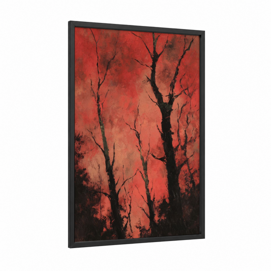 Crimson Birch Forest framed birch tree print — black wood frame — red and black and red palette