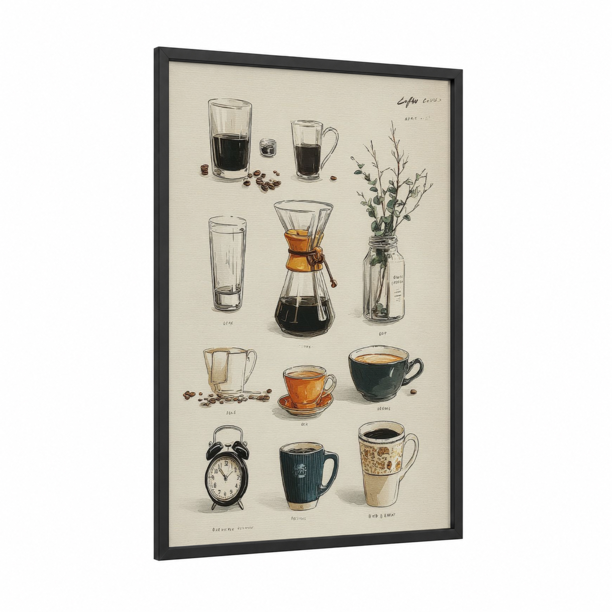 Coffee Study Guide framed art print — black wood frame — cream and black and white palette