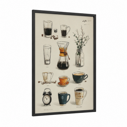 Coffee Study Guide framed art print — black wood frame — cream and black and white palette