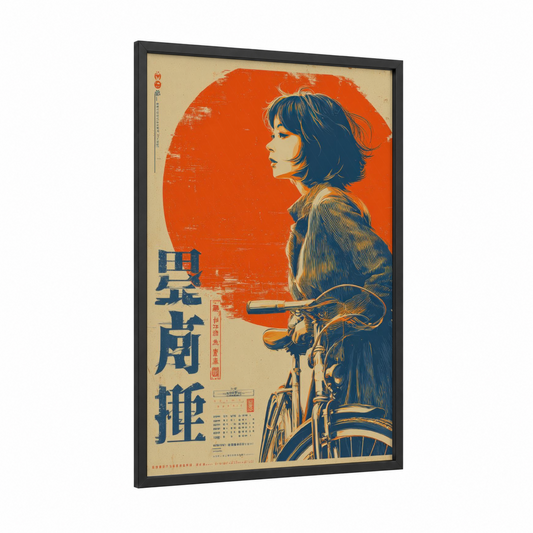 Vintage Bicycle Girl framed vintage japanese ads print — black wood frame — orange and dark blue palette
