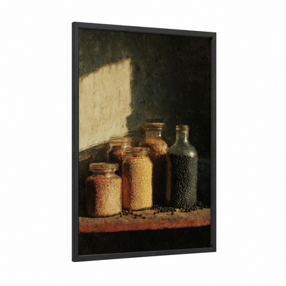 Vintage Spice Collection framed herbs and spices print — black wood frame — mustard and russet palette