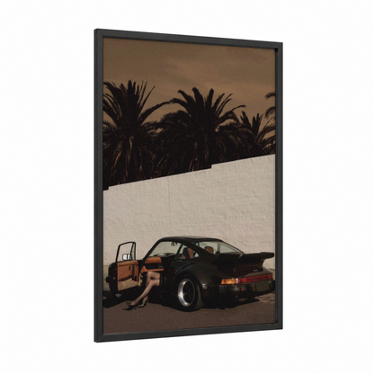 Vintage Desert Cruiser framed sports car print — black wood frame — brown and cream palette