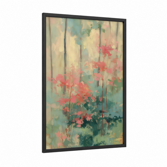 Crimson Maple Forest framed art print — black wood frame — pink and sage green palette
