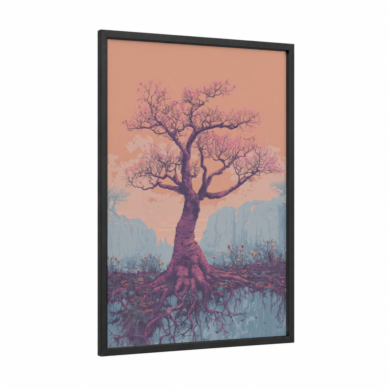 Mystical Baobab framed baobab tree print — black wood frame — magenta and blue palette