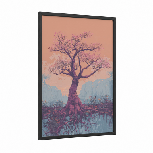 Mystical Baobab framed baobab tree print — black wood frame — magenta and blue palette