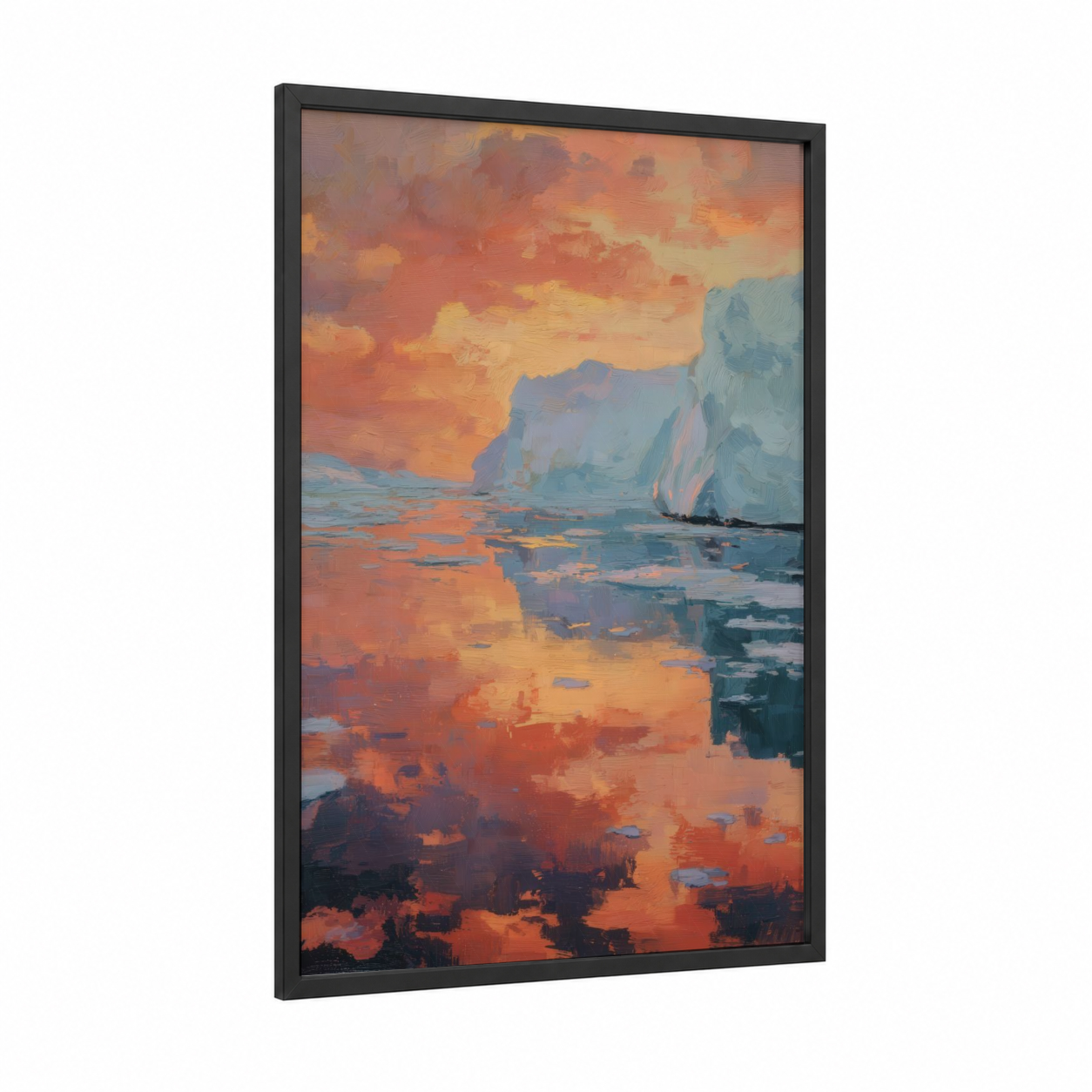 Golden Glacier Sunset framed art print — black wood frame — gold and blue palette