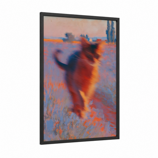 Dancing Cat framed art print — black wood frame — orange and gold palette