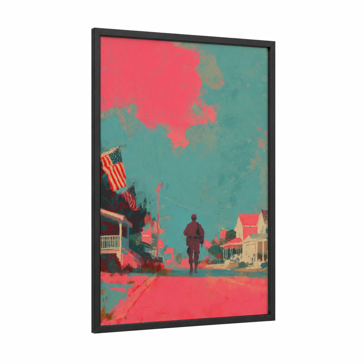 Patriotic Street Soldier framed veterans day print — black wood frame — red and teal palette