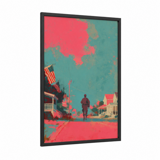 Patriotic Street Soldier framed veterans day print — black wood frame — red and teal palette