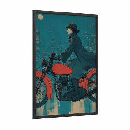 Midnight Rider framed vintage motorcycle print — black wood frame — teal and gold palette