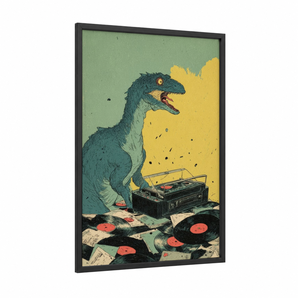 Vinyl Dinosaur framed art print — black wood frame — light green and yellow gold palette
