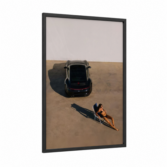 Desert Surfer framed sports car print — black wood frame — beige and black palette