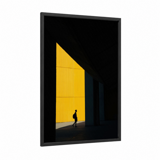 Solitary Explorer framed abstract architecture print — black wood frame — yellow gold and black palette