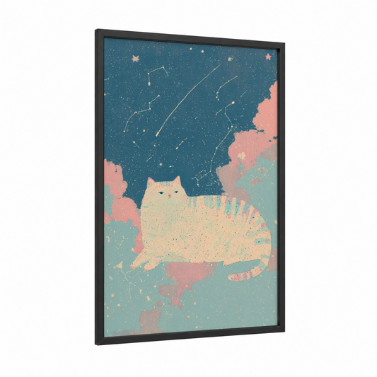 Cosmic Cat framed space print — black wood frame — blue and pink palette