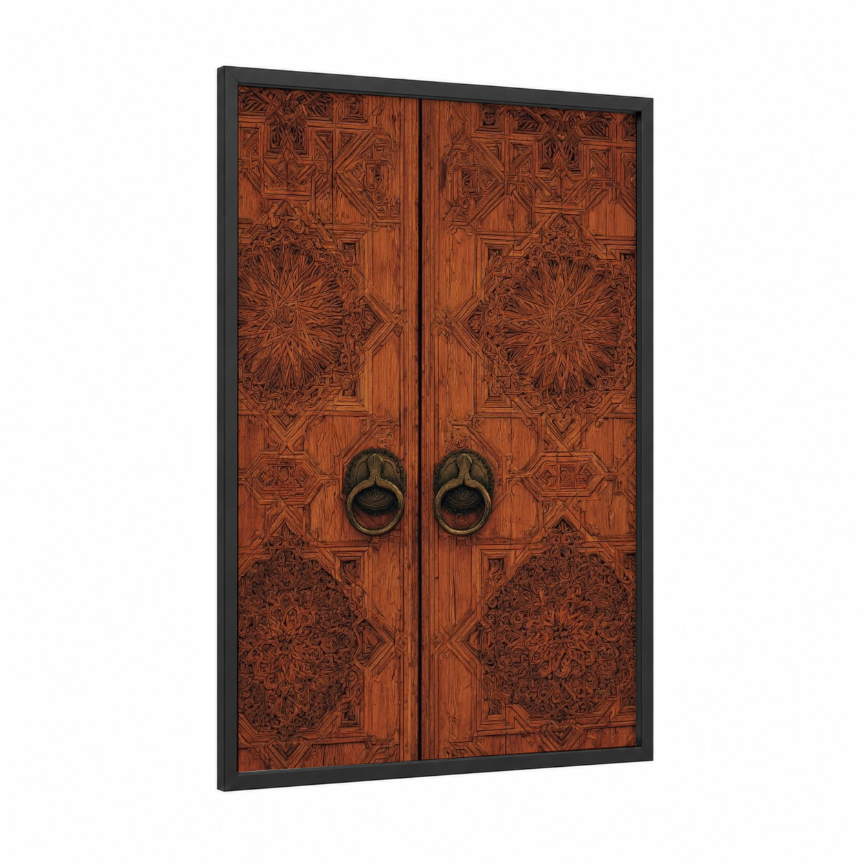 Ornate Islamic Door framed art print — black wood frame — russet and brown palette
