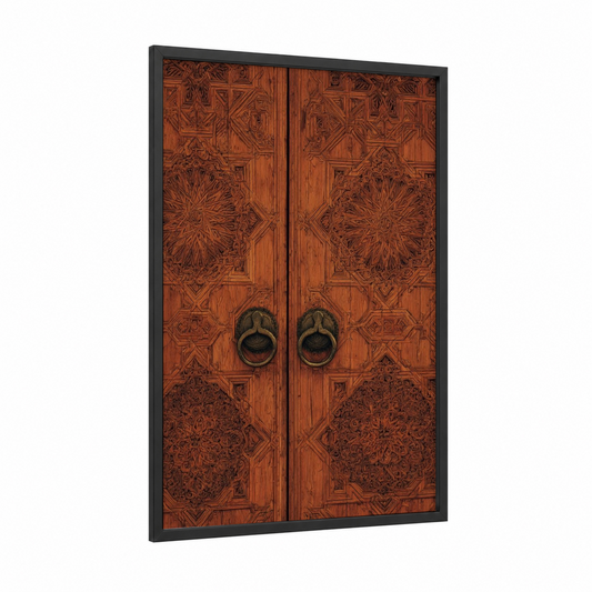 Ornate Islamic Door framed art print — black wood frame — russet and brown palette