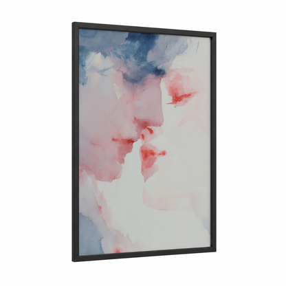 Watercolor Romance framed groom and bride print — black wood frame — pink and blue and gray palette