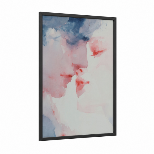 Watercolor Romance framed groom and bride print — black wood frame — pink and blue and gray palette