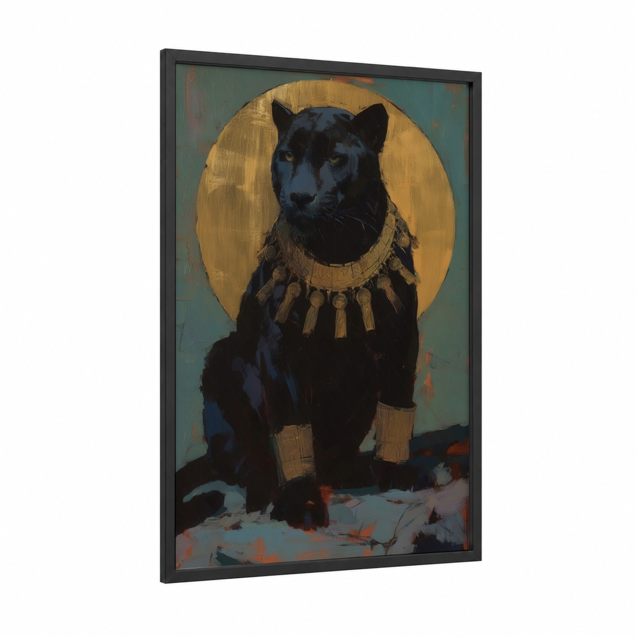 Regal Panther framed art print — black wood frame — gold and dark blue palette