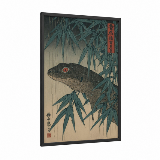Bamboo Lizard framed art print — black wood frame — teal and cream palette