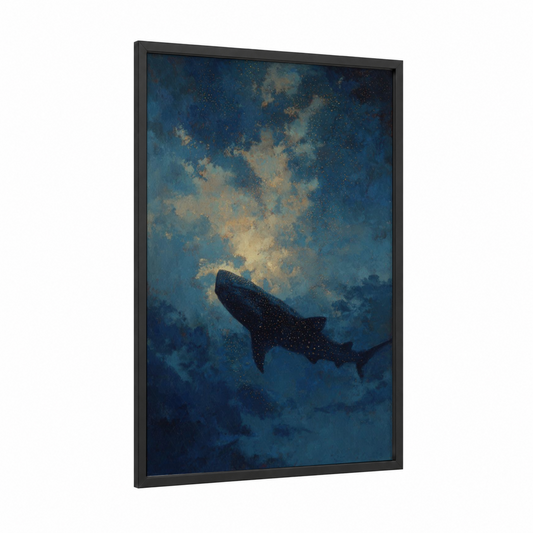 Celestial Whale Shark framed art print — black wood frame — blue and gold palette