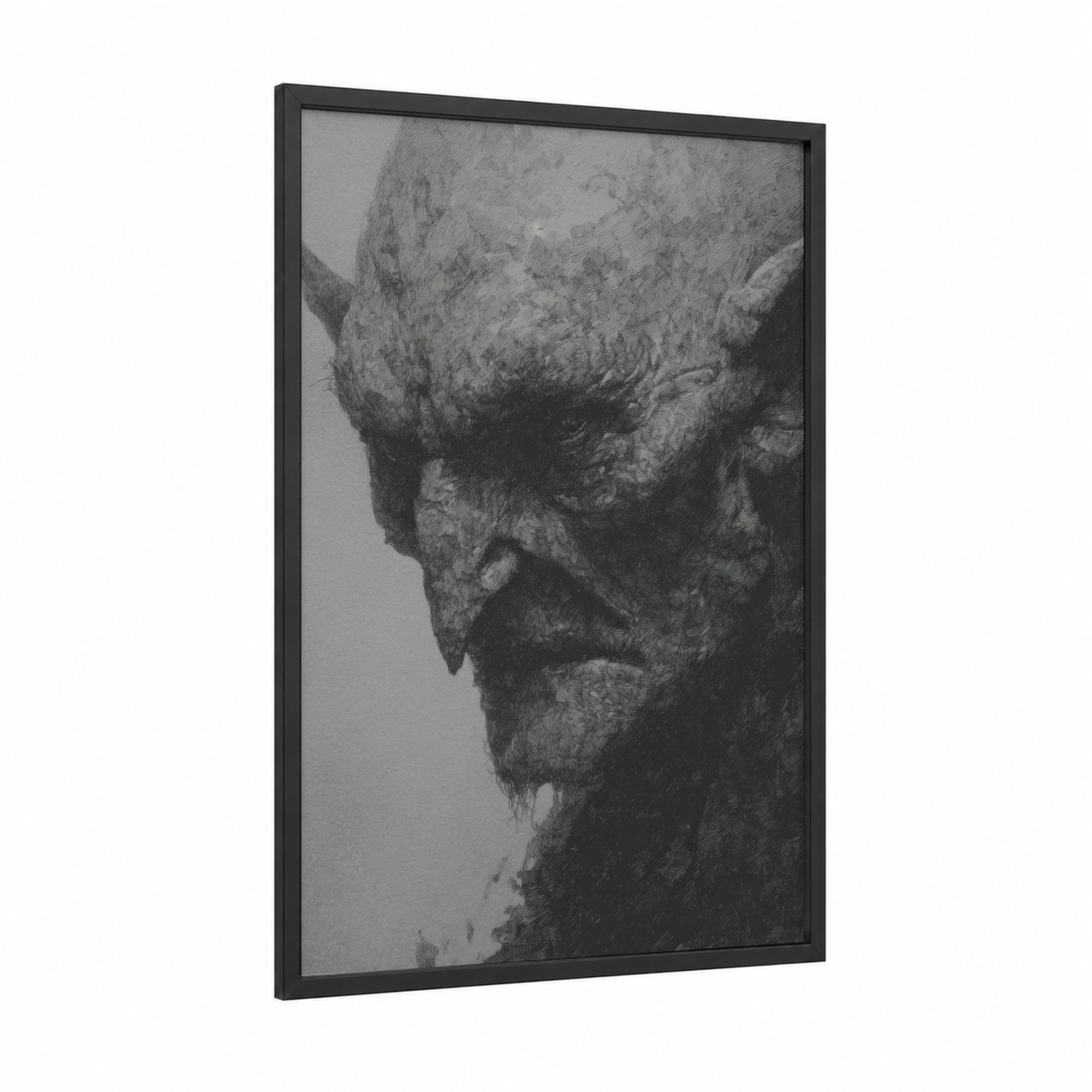 Weathered Orc framed art print — black wood frame — black and white and gray palette