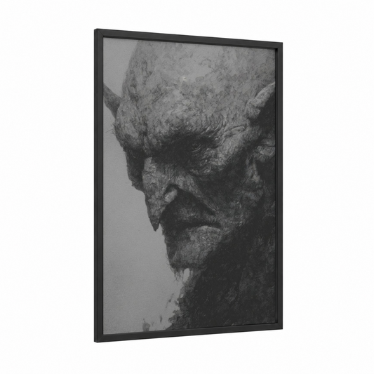 Weathered Orc framed art print — black wood frame — black and white and gray palette