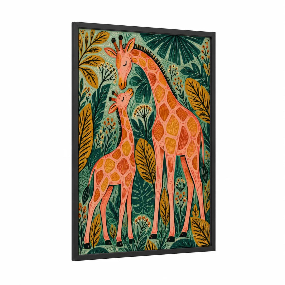 Tropical Giraffe Pair Wall Art framed art print — black wood frame — orange and teal palette
