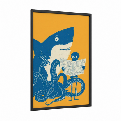 Literary Shark framed blue shark print — black wood frame — blue and yellow gold palette